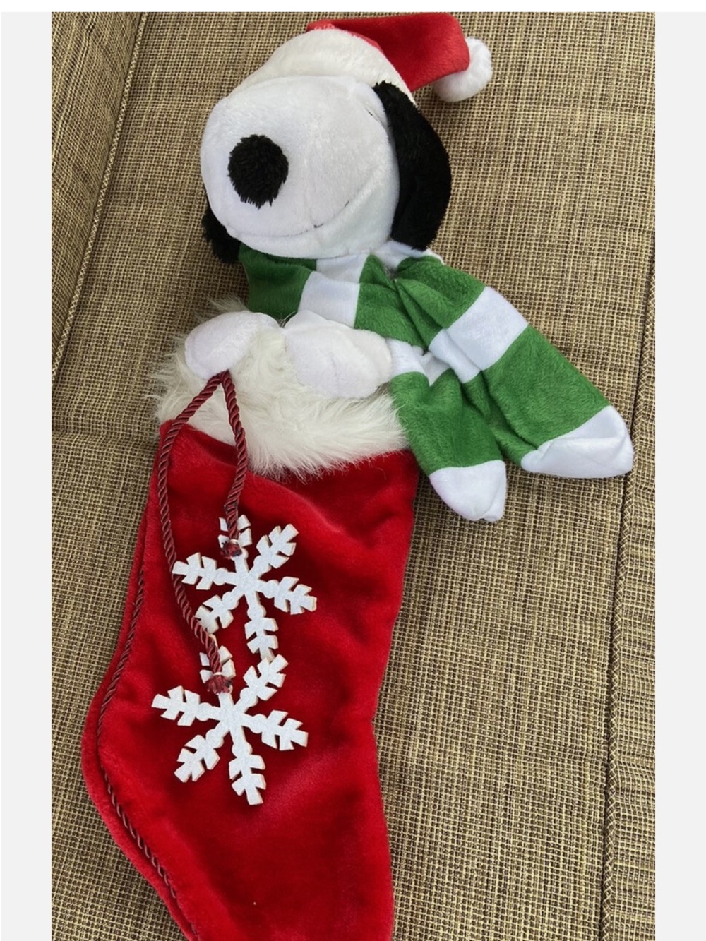 2011 Snoopy Red Christmas Stocking with Green & White Plush Dog